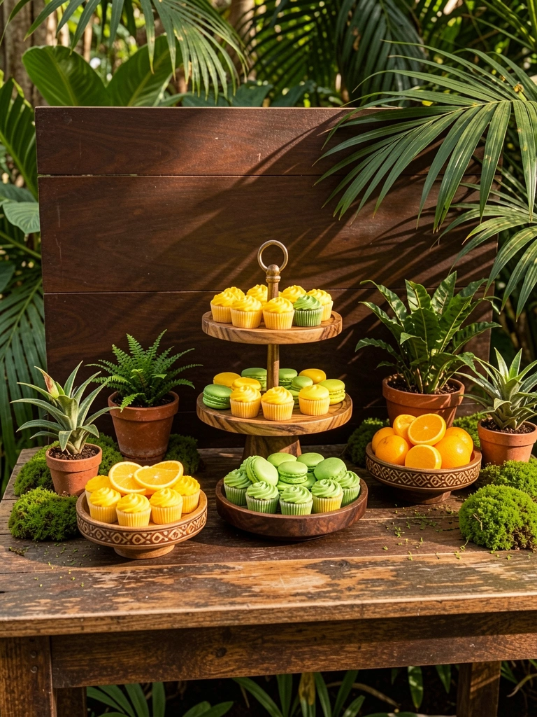 Bandeja de madeira rústica com doces amarelos e verdes, como cupcakes e macarons, entre vasos de plantas e musgo, sob luz natural.