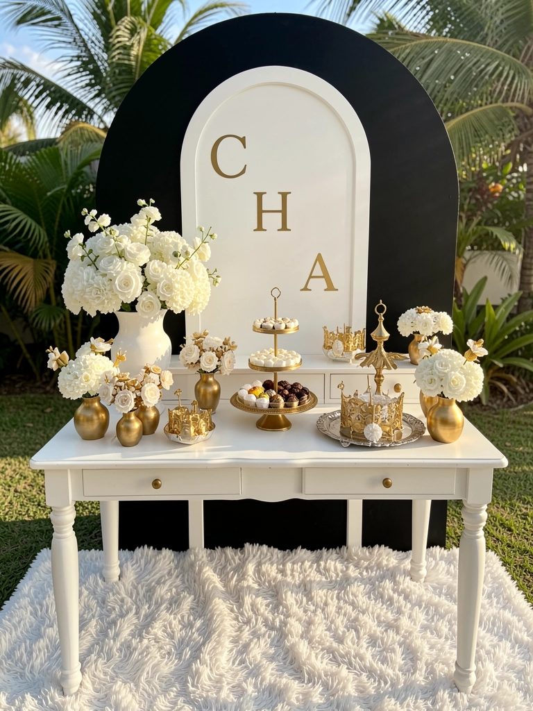 Mesa branca com arco preto e branco ao fundo, letras 