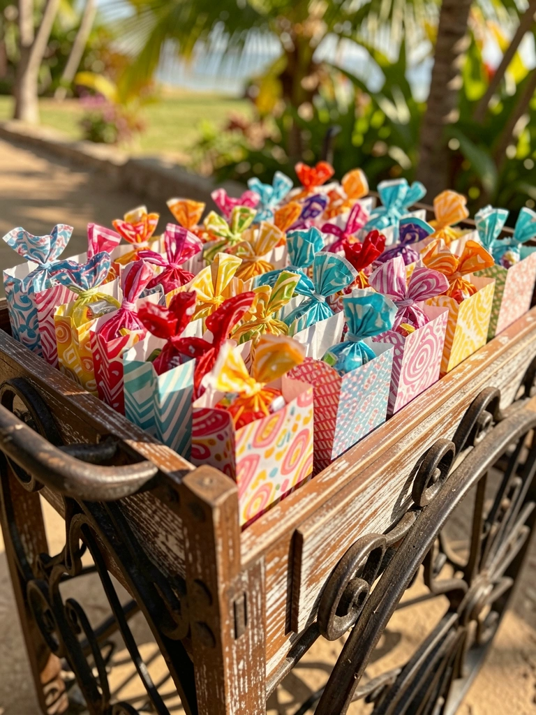 Carrinho de madeira rústica com ferragens de ferro forjado, cheio de sacolas de papel estampadas com doces coloridos, luz natural quente e fundo desfocado.