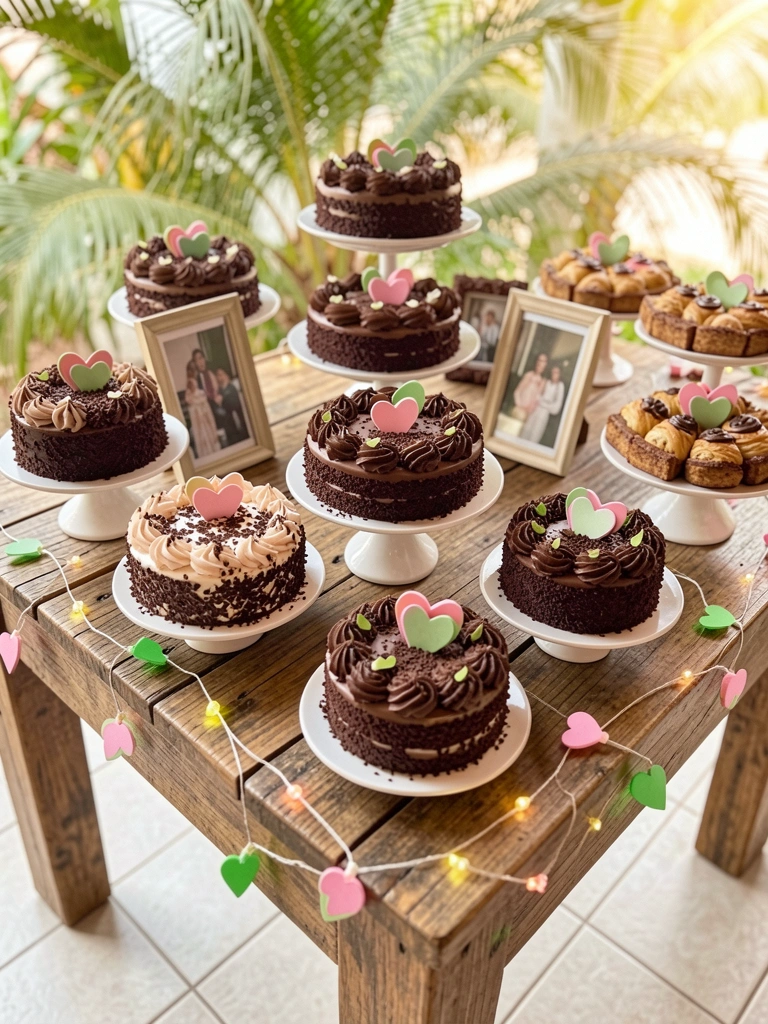 Mesa rústica de madeira com suportes de bolo de dois andares, chocolates decorados com corações rosas e verdes, luzes de corda com corações, fotos emolduradas e piso claro.
