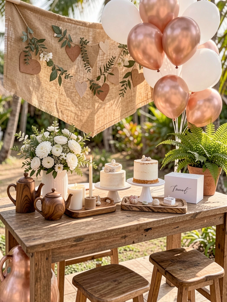 Mesa de madeira com banner de juta decorado com corações, balões branco e rosé, arranjo de flores brancas e buquê de eucalipto, bolo de dois andares e bule de madeira.