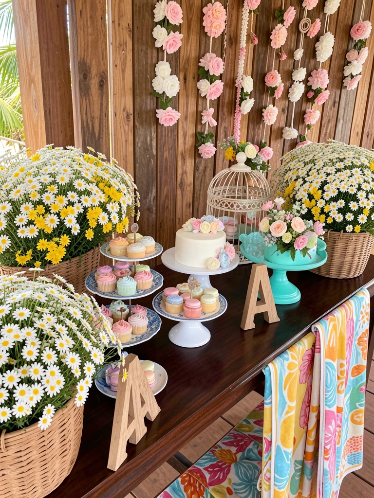 Mesa de madeira escura com doces coloridos em bandejas de vidro e cestos de flores brancas e amarelas, luz natural.
