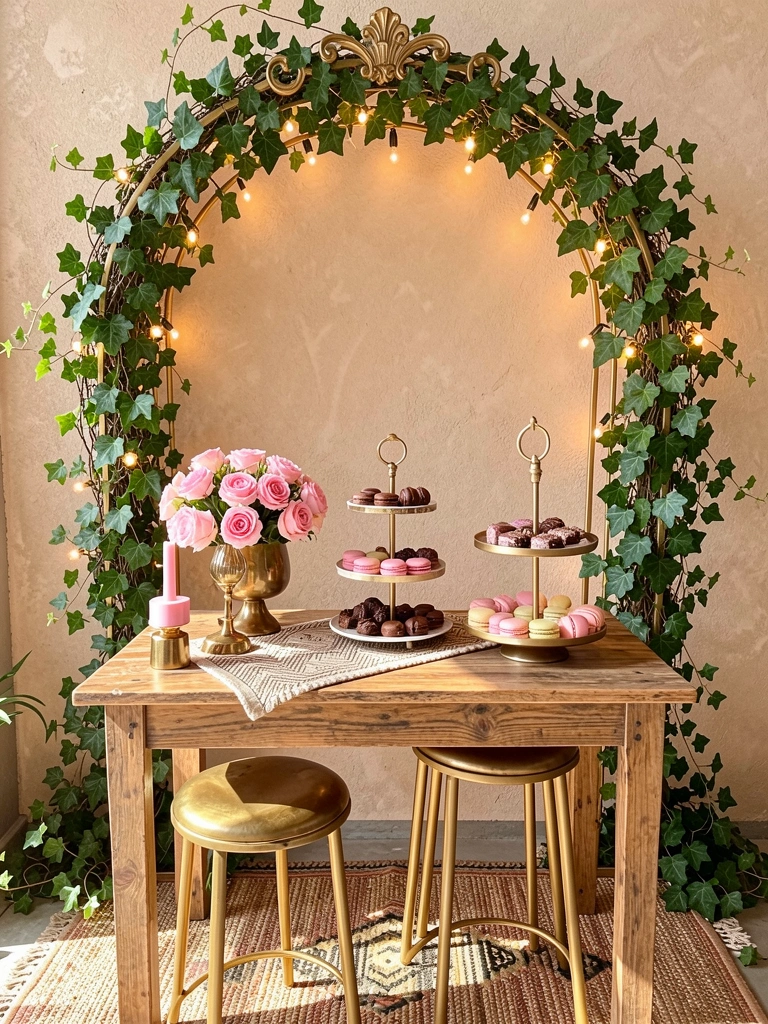 Mesa rústica de madeira com bandeja de doces de três andares, rosas cor-de-rosa e macarons, arco dourado coberto de hera e luzes pendentes.