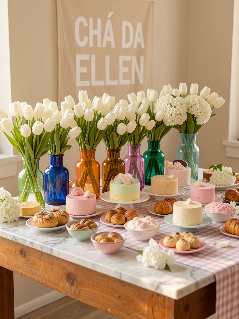 Mesa de mármore com toalha xadrez, vasos de vidro coloridos com tulipas brancas e hortênsias, bolos e doces pastéis sob luz natural.