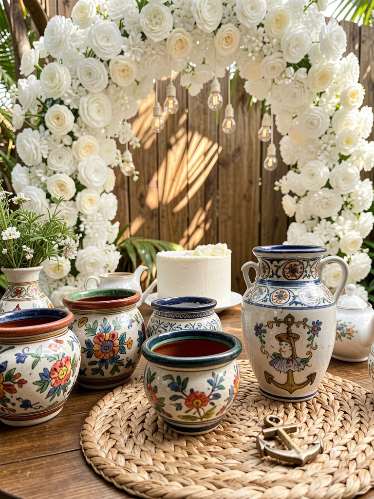 Vasos de cerâmica com detalhes pintados sobre mesa de madeira, bolo branco e bule vintage ao fundo, arco floral com luzes pendentes e luz natural filtrada pela folhagem.