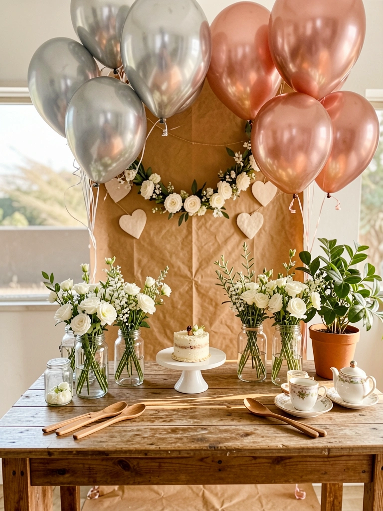 Mesa rústica de madeira com fundo de papel decorativo, guirlanda floral e balões prateados e rosé ao ar livre.