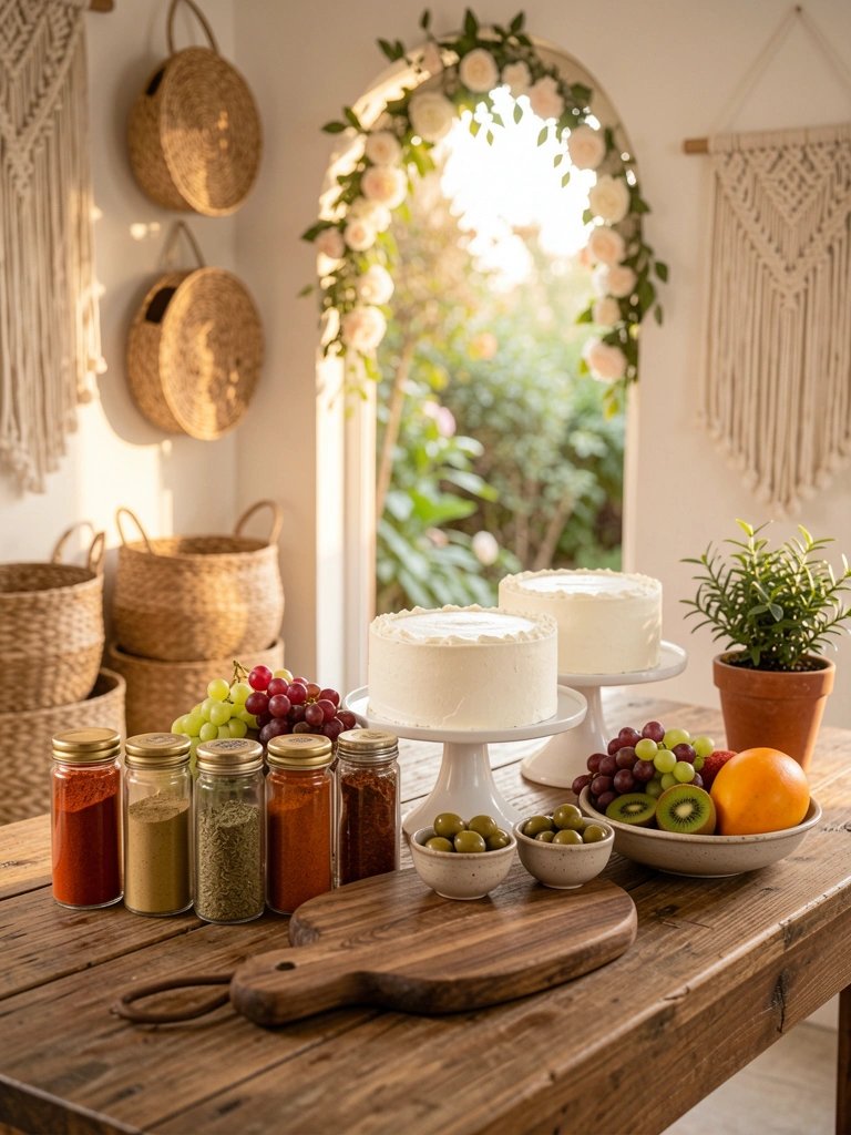 Mesa de madeira com potes de especiarias, bolo branco em suporte de três andares, frutas variadas, azeitonas e luz natural vinda de arco floral.