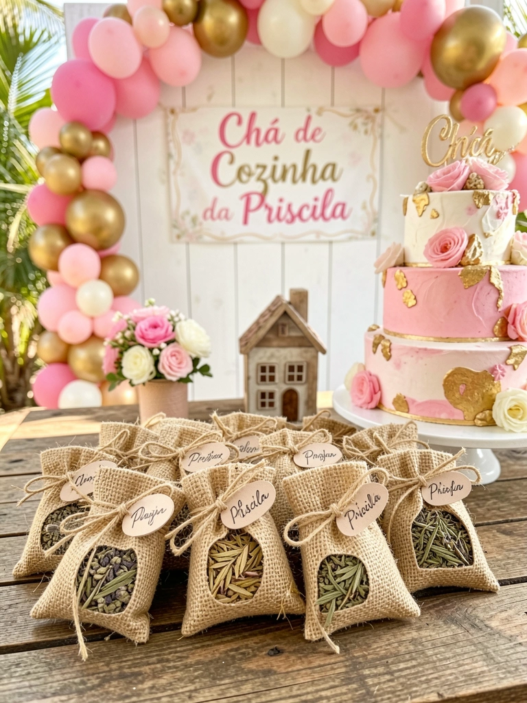 Sachês de juta com ervas secas e etiquetas manuscritas sobre mesa rústica de madeira, ao lado de bolo decorado com tons de rosa e dourado, arco de balões rosa e dourado e letreiro 