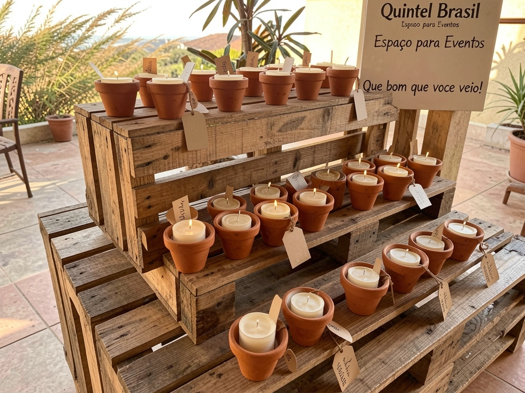 Prateleira rústica de caixotes de madeira com vasos de terracota contendo velas, etiquetas artesanais penduradas e luz natural de dia.