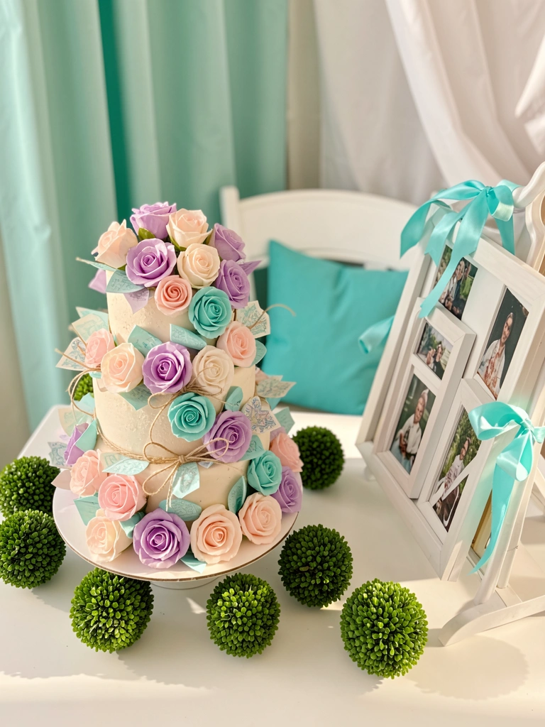 Bolo de andares com rosas pastéis sobre mesa branca, plantas verdes e retratos com fitas turquesa, luz natural.
