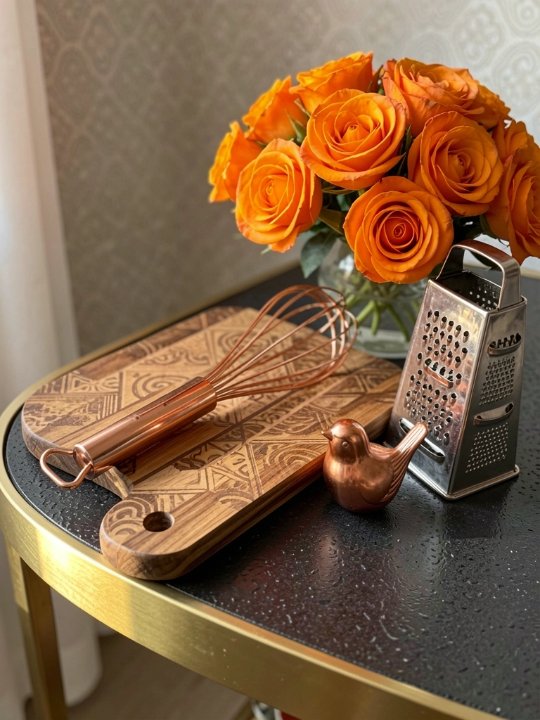 Tábua de madeira com padrão, batedor de cobre, buquê de rosas laranja e pássaro de cobre sobre mesa dourada texturizada, luz natural.