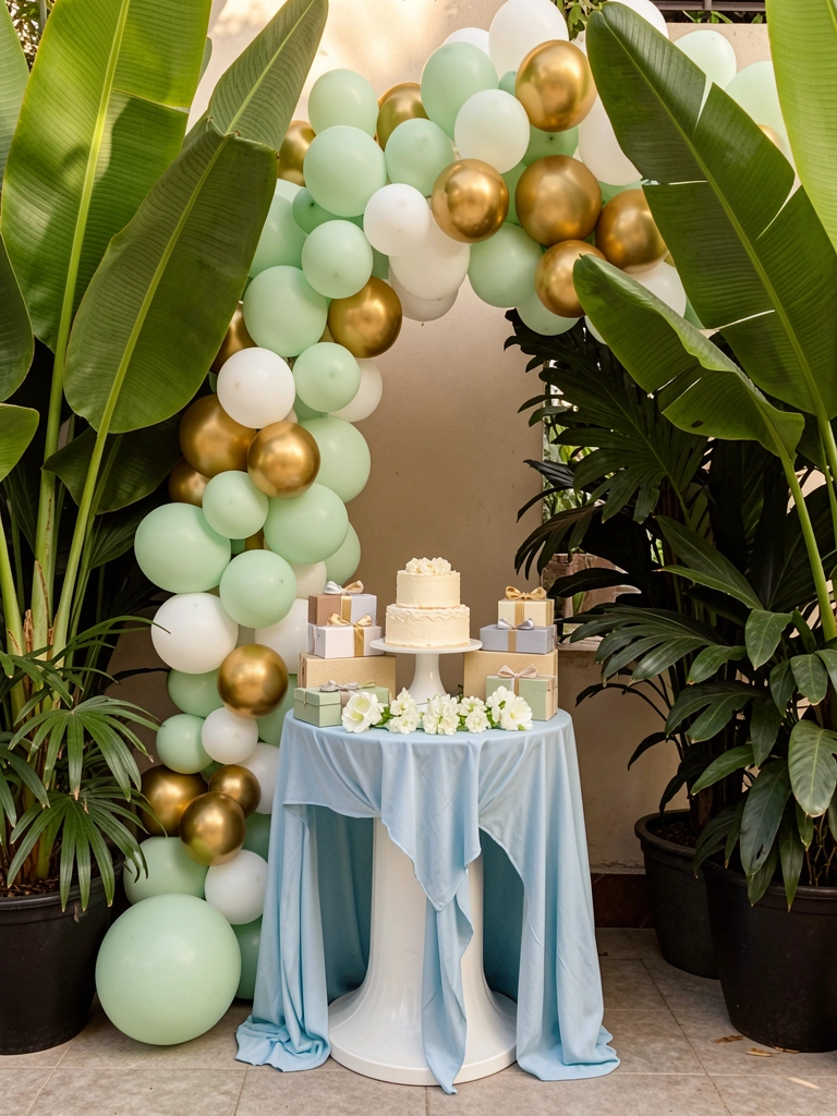 Arco decorado com balões verdes, brancos e dourados, caixas de presente e bolo, folhas de bananeira emoldurando a cena, luz natural.