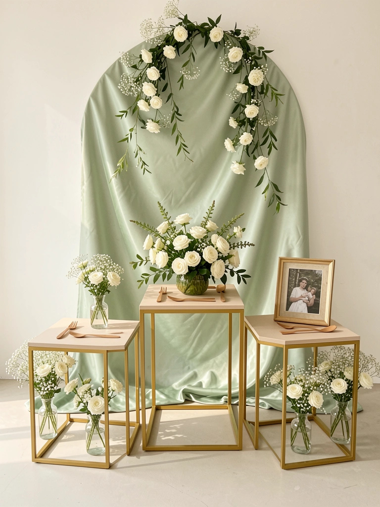 Mesa com três mesinhas douradas aninhadas, buquê de rosas brancas e folhagens caindo sobre fundo de seda verde claro em formato de janela.