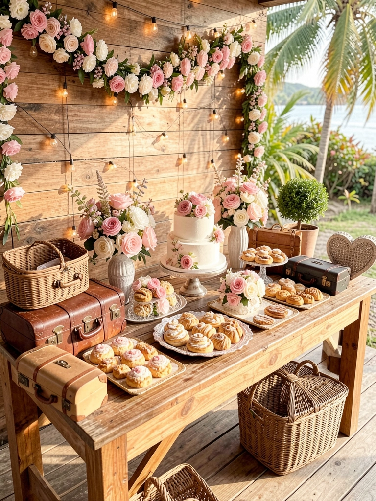 Mesa rústica de madeira com bolo branco de andares, arranjos florais rosa e branco, pastéis e malas vintage; luz natural e cordões de luz ao fundo.