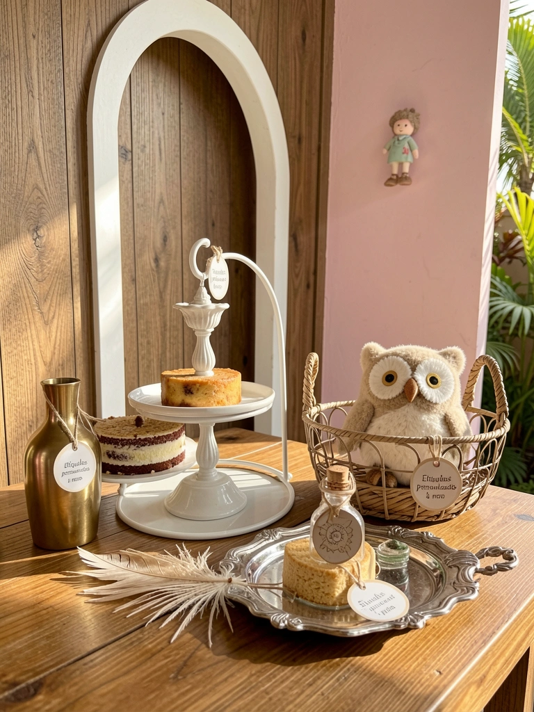 Mesa de madeira com suporte de metal branco, bolo pequeno, fonte decorativa, bandeja prateada, cesto de arame com coruja de pelúcia, vaso dourado, frasco de vidro e pena. Fundo com parede de madeira texturizada, porta em arco branca e parede rosa com figura whimsical.