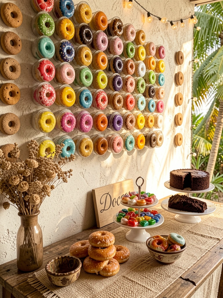 Parede texturizada com dezenas de donuts em potes de vidro, mesa de madeira com bolo e doces, luz natural e fadas luminosas.