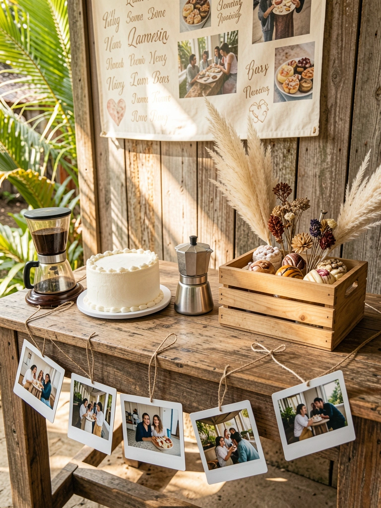 Mesa rústica de madeira com bolo branco, cafeteira e caixa de doces; Polaroids penduradas em barbante; parede de madeira desgastada ao fundo.