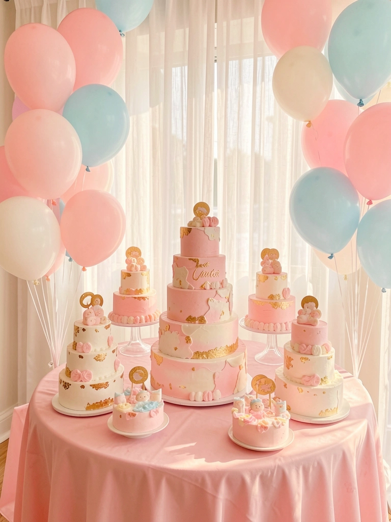 Bolos de andar com glacê rosa pastel e detalhes dourados, balões rosas e brancos, luz natural filtrada por cortinas brancas.