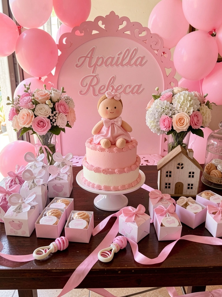 Bolo de andares com glacê rosa pastel e boneca de pelúcia, cercado por lembrancinhas de chá de fraldas, arco decorativo com nome 