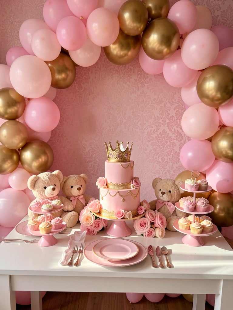 Mesa branca com bolo rosa de três andares e detalhes dourados, cercado por rosas e ursos de pelúcia, arco de balões rosa e dourado ao fundo, luz natural suave.