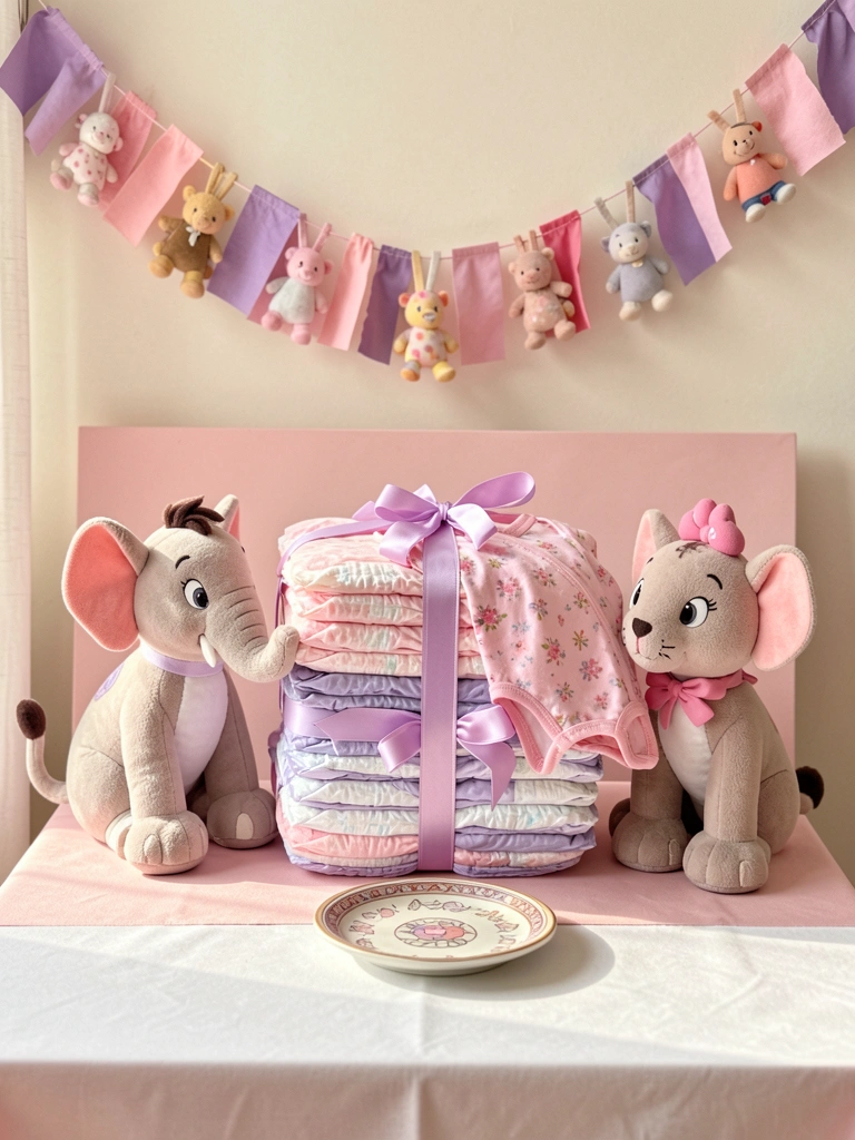 Fraldas rosa e lilás empilhadas com laço decorativo, ladeadas por bichos de pelúcia Disney, sobre mesa com toalha branca e guirlanda de retalhos ao fundo.