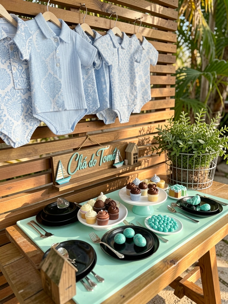 Prateleira de ripas de madeira com roupas de bebê azul-claro e branco, placa 
