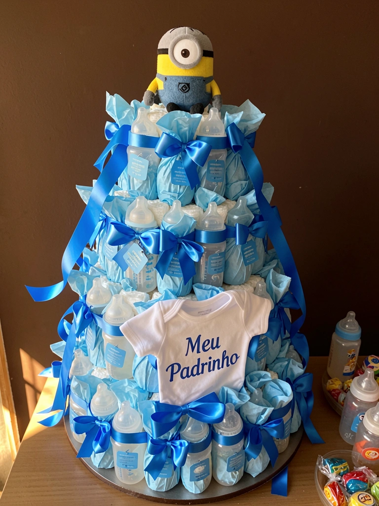 Bolo de fraldas em camadas com laços de cetim azul, mamadeiras em papel de seda, ursinho Minion no topo e body branco com 