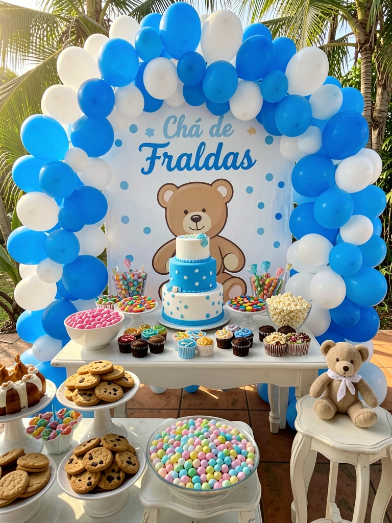 Arco de balões azuis e brancos com estampa de bolinhas e urso cartoon, mesa com bolo de três andares e doces variados, luz natural.