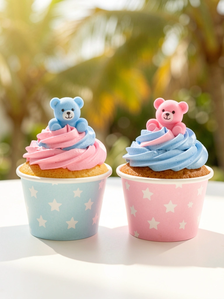 Dois cupcakes com glacê rosa e azul, um em forminha azul com ursos de pelúcia, outro em forminha rosa, sobre superfície branca com luz natural e desfoque.