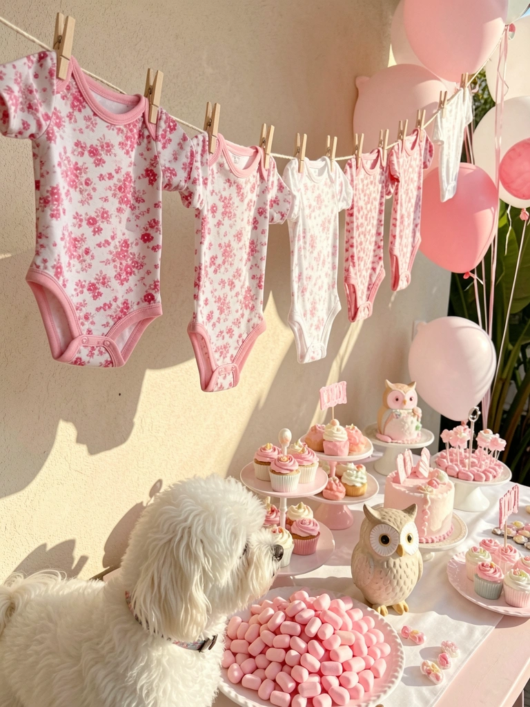 Varal com bodies infantis floridos em rosa e branco, mesa com doces e bolo, cachorro branco fofo perto de doces, luz natural.