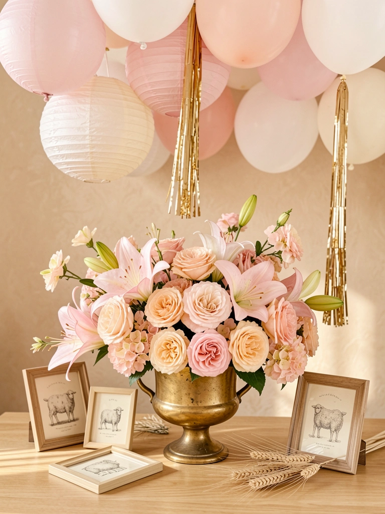 Vaso de ouro vintage com rosas blush e pêssego, hortênsias e lírios, sobre mesa de madeira clara; balões brancos e blush, lanternas de papel, franja dourada e quadros de cordeiros ao redor.