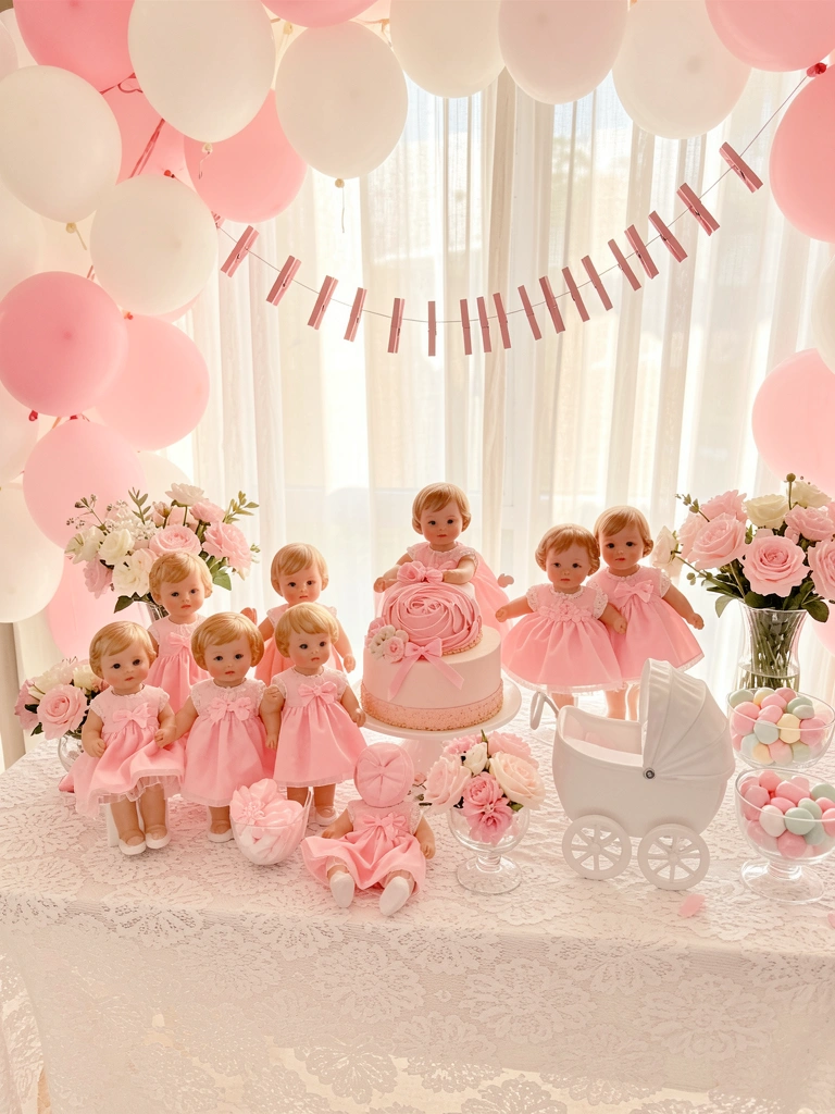 Mesa de chá de bebê com bonecas de porcelana em vestidos cor-de-rosa, bolo de andares, carrinho de bebê branco e balões, sob luz natural.
