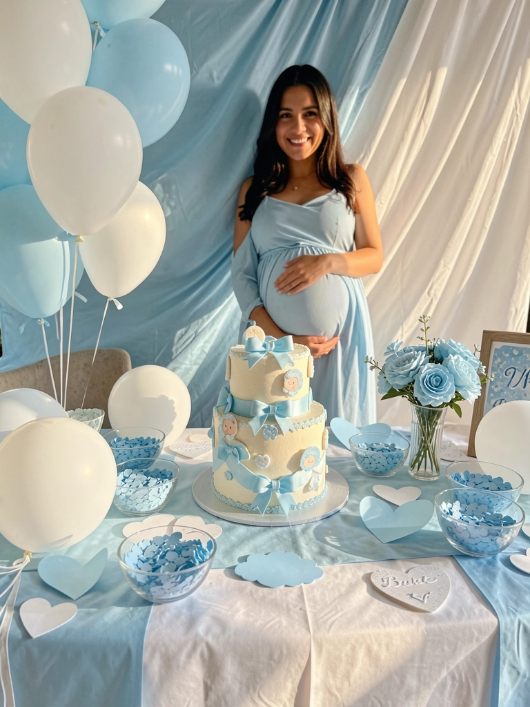 Bolo de dois andares com laços azuis e confeitos de bebê, balões brancos e confete azul em taças de vidro sobre mesa branca com toalha e corredor azul.