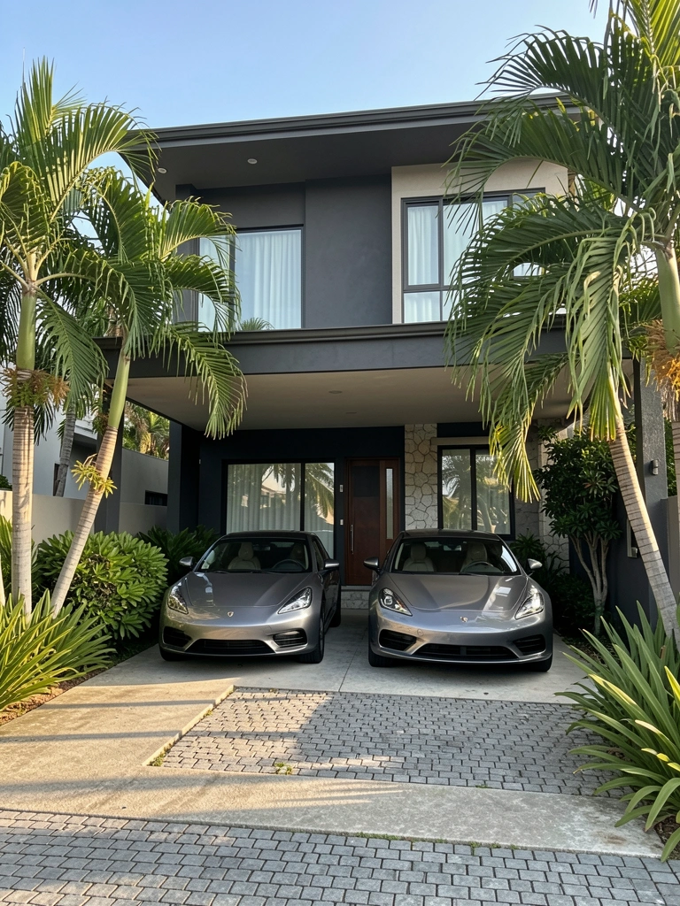 Casa moderna de fachada cinza escuro com carros prateados na garagem, palmeiras verdes e caminho de concreto, luz natural intensa.