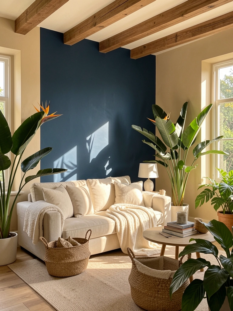 Sala com parede azul escura, sofá claro com manta creme e cesto de palha, plantas tropicais e vigas de madeira no teto sob luz solar.