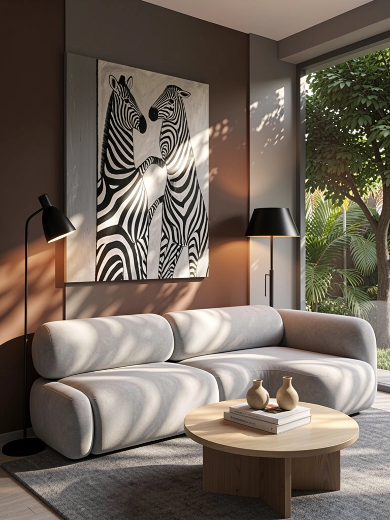 Fachada cinza com pintura abstrata de animais listrados, sofá cinza claro, mesa redonda de madeira clara com livros e vasos, luz natural filtrada por janela.
