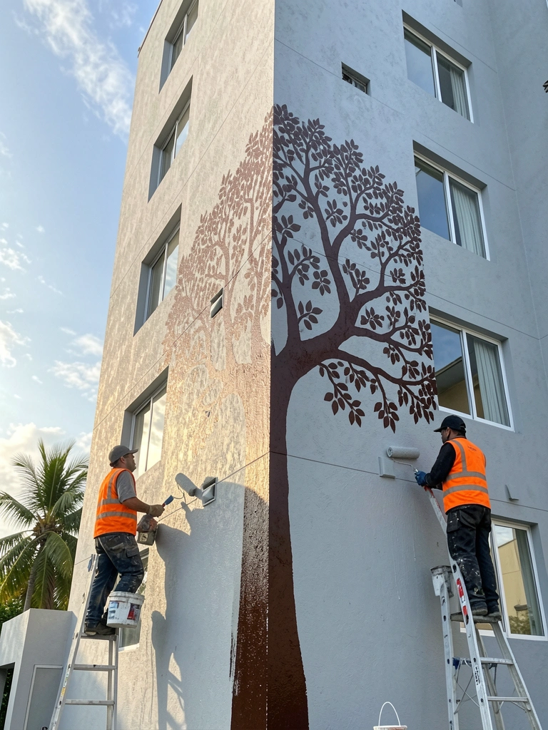 Prédio alto de fachada cinza-claro com pintura texturizada, dois trabalhadores de colete laranja pintando a parede com rolo e balde, janelas refletindo o céu azul.