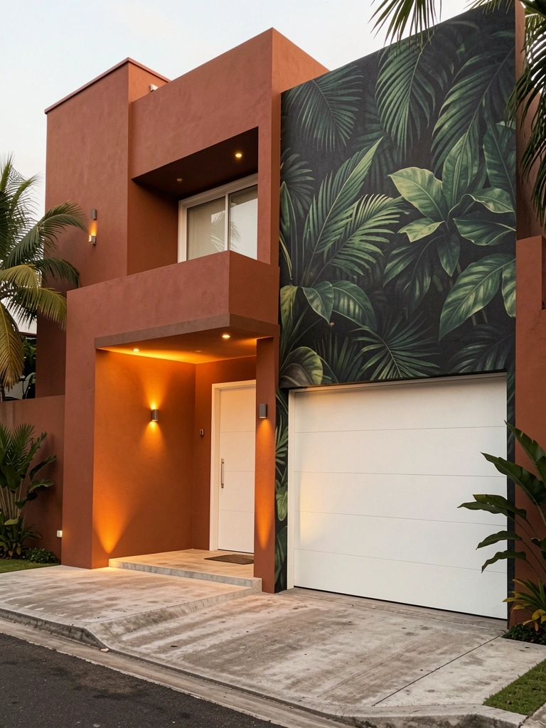 Fachada moderna com porta iluminada por LED, garagem branca e mural verde escuro, sob luz natural suave.