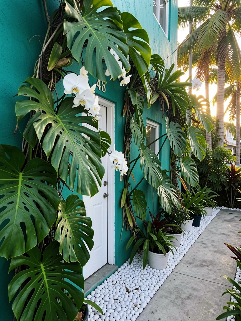 Fachada verde-água com porta branca e número 48, coberta por folhas de costela-de-adão e orquídeas brancas, sob luz tropical filtrada por palmeiras.