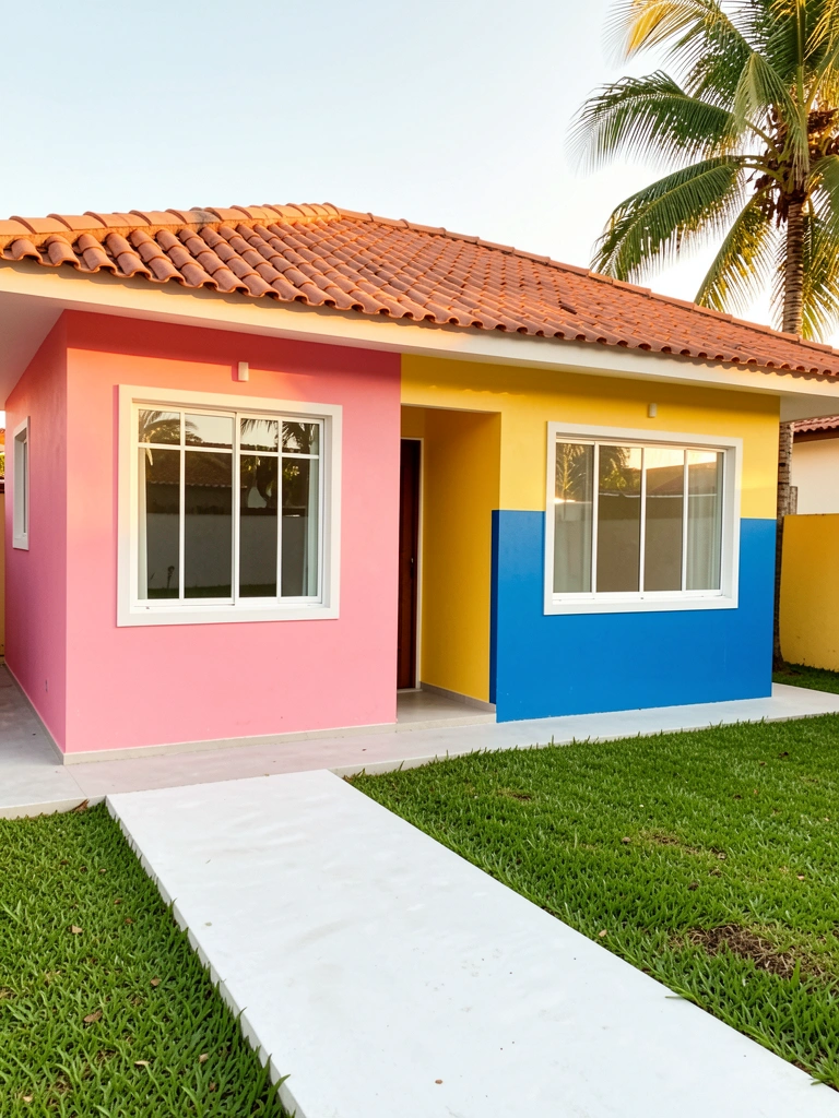 Casa térrea com telhado de terracota e paredes rosa, amarelo e azul, grama verde e palmeira ao fundo sob luz tropical.