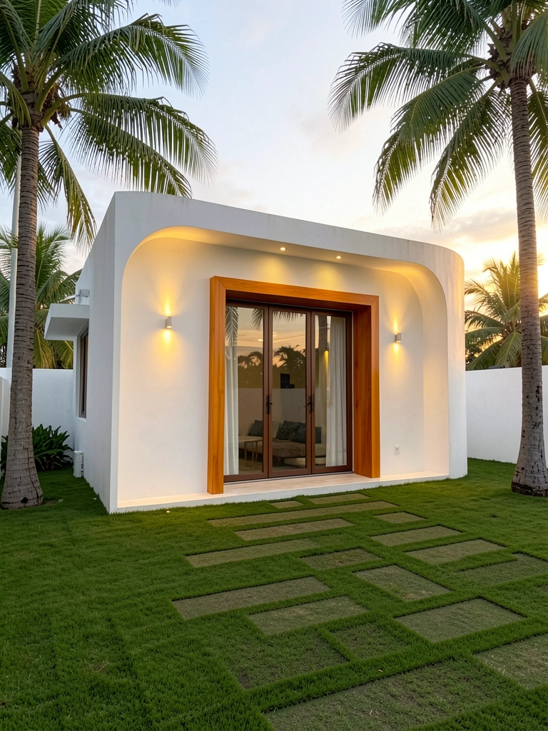 Casa branca com moldura de porta de madeira colorida e vidro, grama com padrão geométrico e palmeiras ao entardecer.