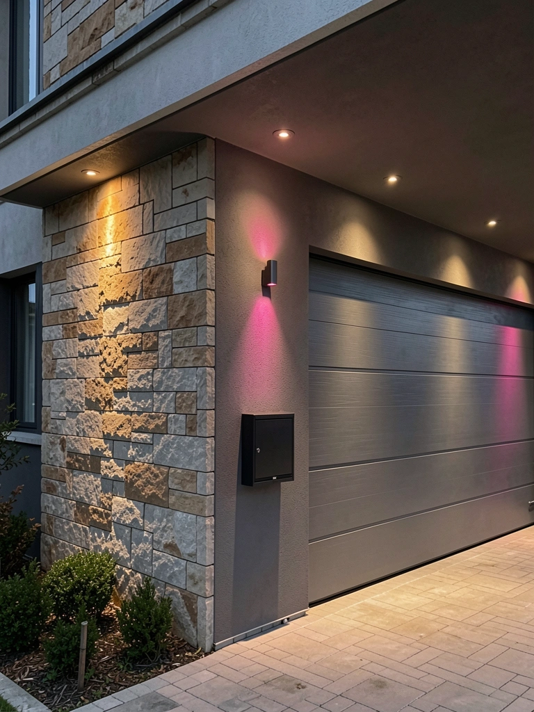 Fachada de casa com pedra e estuque cinza escuro, iluminada por spots quentes destacando a textura da parede, porta de garagem de metal horizontal e caixa de correio escura na parede.