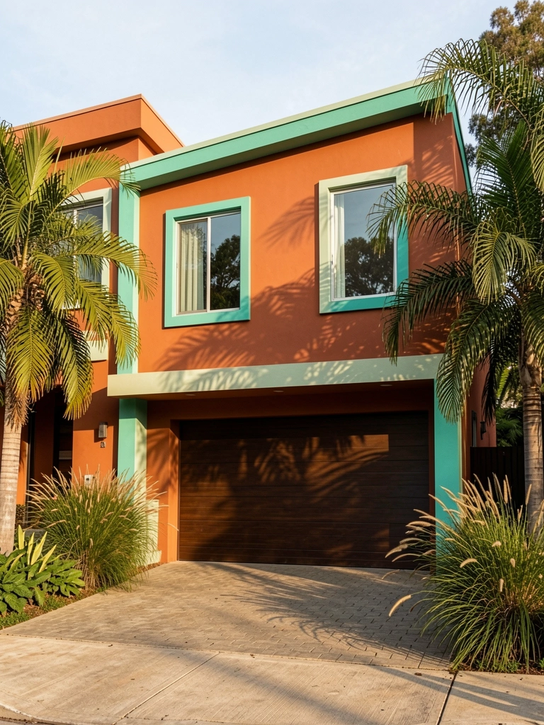 Fachada laranja-terracota com portão de garagem de madeira escura e detalhes em verde-azulado, palmeiras e gramíneas ao redor, luz natural da tarde projetando sombras longas.