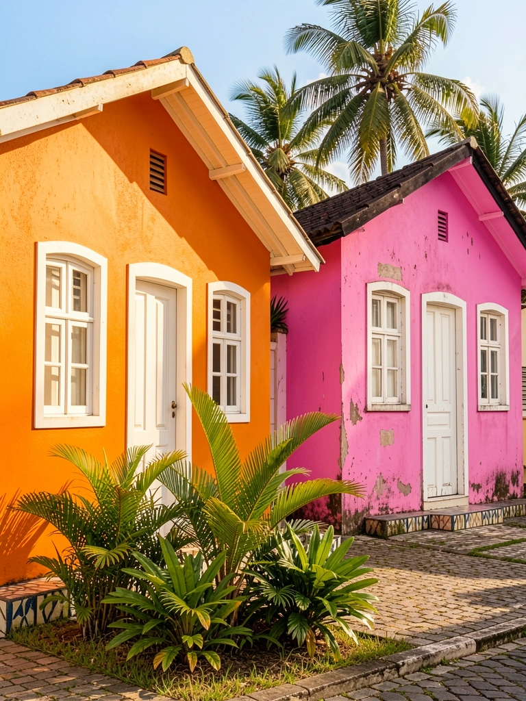 Casa laranja com porta e janelas brancas, telhado claro e jardim tropical à frente; ao lado, casa rosa com fachada desgastada e telhado escuro, sob luz solar intensa.