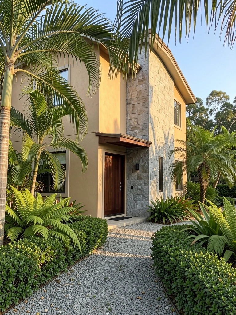 Casa de dois andares com fachada de estuque bege e pedra cinza, porta de madeira escura, entrada coberta, caminho de cascalho e vegetação tropical exuberante sob luz dourada.