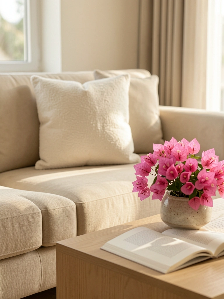 Sofá bege texturizado com almofada off-white, mesa de centro de madeira clara com tigela de bougainvillea rosa e livro minimalista, luz natural suave e fundo desfocado.