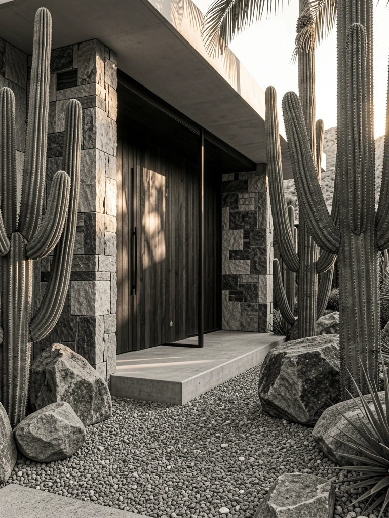 Entrada de casa minimalista com madeira escura, pedra e cactos altos em paisagem desértica, luz natural filtrando-se entre as plantas.