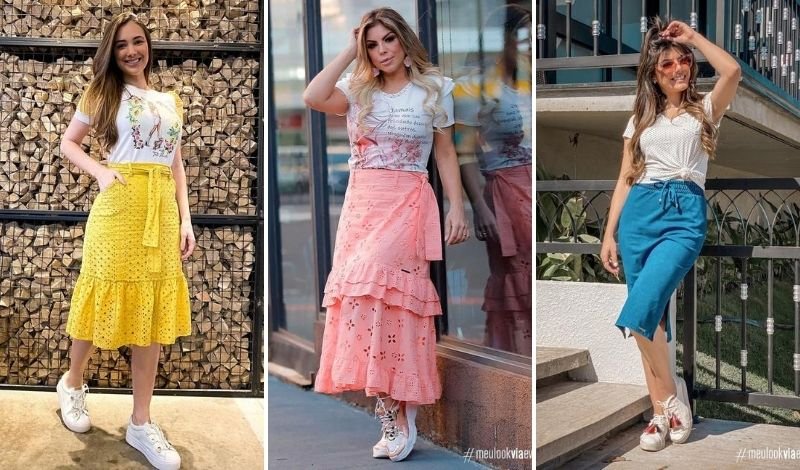 saia midi tricot com tênis