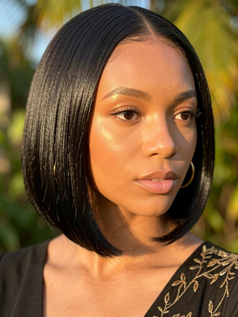 Jovem de cabelo preto liso e brilhante, brincos de argola dourados, vestido preto com bordado dourado, luz solar refletindo na pele.