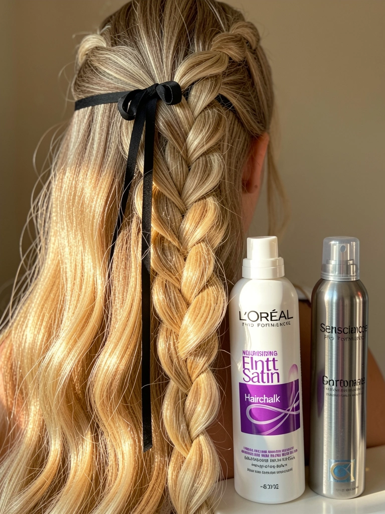 Trança fishtail em cabelo loiro comprido com laço preto, frasco roxo de spray L